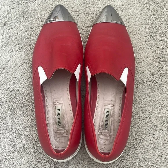 Miu Miu Pointed Metal Cap Toe Skate Red Leather Sneakers Size 10 (40) - Picture 1 of 9
